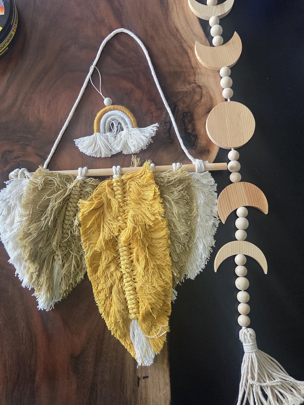 Macramé Wall Hanging with Mustard and Olive Feathers